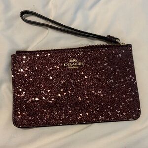 Coach Burgundy Glitter Wristlet Pouch with Gold Logo